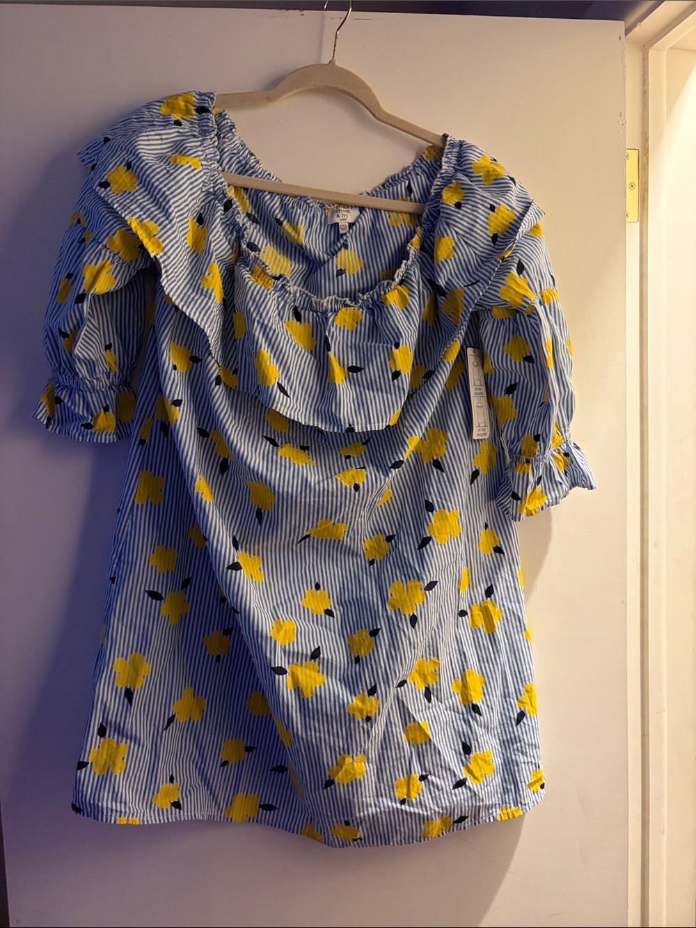 crown & ivy Blue Striped Off-Shoulder Top with Yellow Floral Print